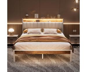DEWINNER Cadre de lit, 140 x 200 avec Sommier en métal, lit 2 Personnes, avec lumières LED et Prises Multiples (1 Prise AC, 2 Ports USB)