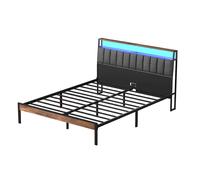 DEWINNER cadre lit 160x200 LED, tête rangement, multiprise AC+USB, lin gris foncé