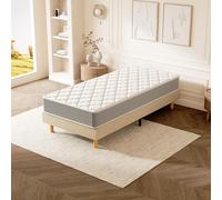 DEWINNER Ensemble Lit 90x190 avec Sommier et Matelas, Cadre en Bois, Métal et Tissus avec Pieds, Matelas Memoire de Forme Ép. 22 cm, Cadre de Lit 1 Personne Scandinave, Silencieux, Robuste, Beige