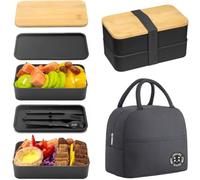 Dexpally Bento Lunch Box 2 Couches Boite Repas Compartiment 1200 ml Boite Bento avec Couverts Kit et Sac, Lunchbox Hermétique, pour Adultes Enfants Pique-Niques Travail L'école (Noir)