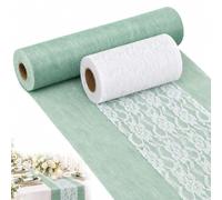 Dexpally Kit Chemin de Table Non Tisse 30cm x 25m Vert Eucalyptus avec Ruban Dentelle 15cm x 22m Blanc pour Mariage Bapteme Communion et Anniversaire Decoration Fete