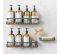 Deyhoc 3 Pcs Antirouille Acier Inoxydable Etagere Douche sans Percage, Rangement Salle de Bain, Salle de Bain Accessoire, Ensemble Porte-Brosse Dents et Savon, Etagere Rangement Murale, Gris