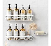 Deyhoc 3 Pcs Antirouille Acier Inoxydable Etagere Douche sans Percage, Rangement Salle de Bain, Salle de Bain Accessoire, Ensemble Porte-Brosse Dents et Savon, Etagere Rangement Murale, Blanc
