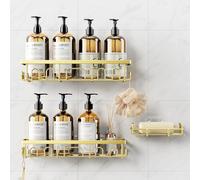 Deyhoc 3 Pcs Antirouille Acier Inoxydable Etagere Douche sans Percage, Rangement Salle de Bain, Salle de Bain Accessoire, Ensemble Porte-Brosse Dents et Savon, Etagere Rangement Murale, Or