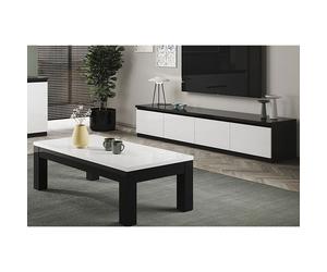 DEYTON - Ensemble Salon Laqué Noir et Blanc Meuble TV 4 Portes + Table Basse 127cm