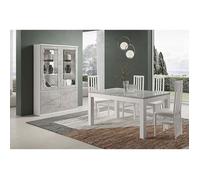 Ensemble Séjour Blanc et Gris Marbré Table 160cm + Vitrine avec Leds - DEYTON - ALTOBUY Gris G