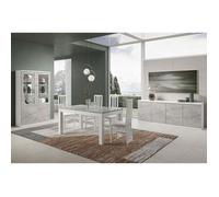 DEYTON - Ensemble Séjour Complet Blanc et Gris Marbré Table 160cm + Buffet + Vitrine avec Leds