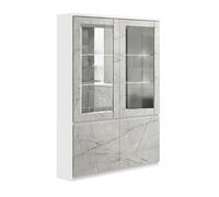 DEYTON - Vitrine 4 Portes Laquée Blanc et Gris Marbré avec Leds