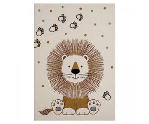 DEZENCO Tapis Enfant Couloir, 120 X 170 Cm, Écru, Motif Lion Empreintes Pois, Tissé en Turquie Poils Ras, Style Doux pour Chambre, 9598