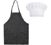 DGHOME Ensemble tablier et toque de chef pour adulte, tablier à rayures noires et blanches avec poches pour unisexe, convient pour la cuisine, le jardinage, les cafés