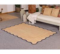 DHARVA LOOM Tapis festonné bleu marine et en jute naturelle avec bordure bleue - Tapis bohème tissé à la main pour salon, chambre à coucher, salle à manger - 0,9 x 1,2 m