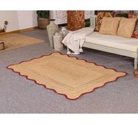 DHARVA LOOM Tapis festonné rouge et en jute naturelle avec bordure bleue - Tapis bohème tissé à la main pour salon, chambre à coucher, salle à manger - 1,5 x 2,4 m