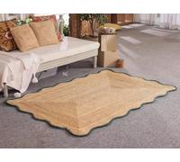 DHARVA LOOM Tapis festonné vert et en jute naturelle avec bordure bleue - Tapis bohème tissé à la main pour salon, chambre à coucher, salle à manger - 1,5 x 2,1 m