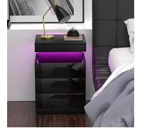 DHHOZAMZ Table de Chevet Haute Brillance - 4 tiroirs - Lumières LED - Prise et ports USB - 45x40x67 cm - Table de nuit Noir