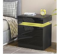 DHHOZAMZ Table de chevet Haute Brillance avec LED Lumières - Table de Nuit Meuble de chambre 2 Tiroirs - Noir - 45x35x52