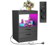 DHHOZAMZ Table de nuit LED - 2 Tiroirs - Noir - Table de Chevet avec Prise et Port USB - L 40 x P 35 x H 60 cm