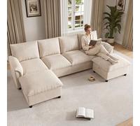 DHHU 264.5 cm Canapé d'angle Modulable en Forme de U,Canape Dangle Convertible, Canapé 6 Places Canapé Modulable avec Pouf de Rangement, Canapé Confortable en Chenille pour Salon, Appartement,Beige