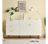 DHHU Buffet Blanc 160 cm avec 2 Portes et 3 tiroirs, poignées dorées en Alliage Aluminium, Pieds Acier, MDF, Meuble de Rangement Design pour Salon, Salle à Manger