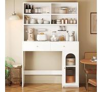 DHHU Buffet Haut de Cuisine Blanc 120x45x180 cm, Plan de Travail, Barre Suspension, 2 tiroirs, étagère réglable, Portes vitrées ondulées, poignées dorées, Panneau perforé, MDF