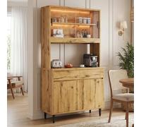 DHHU Buffet Haut Salle à Manger 100x40x185 cm, rangements Multiples, Prise intégrée USB-A/USB-C, Bandeau LED coloré, Portes vitrées, Finition chêne, Style scandinave