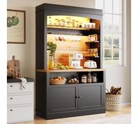 DHHU Buffet Haute LED 107x34x184 cm, Buffet avec étagère Verre, Barre Suspension 6 Crochets, contrôle Application RGB, minuterie, Design Blanc et Bois, MDF Robuste, Anti-basculement, Cuisine