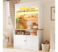 DHHU Buffet Haute LED 107x34x184 cm, Buffet avec étagère Verre, Barre Suspension 6 Crochets, contrôle Application RGB, minuterie, Design Blanc et Bois, MDF Robuste, Anti-basculement, Cuisine