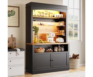 DHHU Buffet Haute LED 107x34x184 cm, Buffet avec étagère Verre, Barre Suspension 6 Crochets, contrôle Application RGB, minuterie, Design Blanc et Bois, MDF Robuste, Anti-basculement, Cuisine