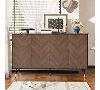 DHHU Buffet Motif Chevrons Noir et Marron, Meuble de Rangement 4 Portes, étagères réglables, MDF, Pieds métal doré, charnières amorties, 140x40x80 cm, pour Salon, Salle à Manger, entrée
