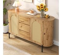 DHHU Buffet Ovale en rotin 140x38x77,5 cm, Portes coulissantes et tiroirs, étagères réglables, Aspect Bois Naturel, Pieds métal Noir, Meuble de Rangement Multifonction Salon, entrée, Salle à Manger