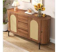 DHHU Buffet Ovale en rotin 140x38x77,5 cm, Portes coulissantes et tiroirs, étagères réglables, Aspect Bois Naturel, Pieds métal Noir, Meuble de Rangement Multifonction Salon, entrée, Salle à Manger