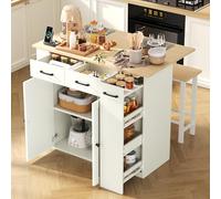 DHHU Desserte îlot de Cuisine avec USB, Meuble de Cuisine avec Plans de Travail Rabattable et 2 Chaises, 2 Tiroirs, Espace de Rangement Ouverte, Organiseur Coulissant à 3 Niveau (Blanc-14K)