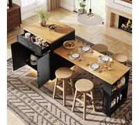 DHHU Îlot Central Cuisine avec Plan de Travail Extensible 140-193 cm, Table de Bar, 2 Tiroir et 4 Portes, Armoire à Vin, Éclairage LED, Espace Rangement de Ouvert, pour 2-6 Personnes (Noir-3S)