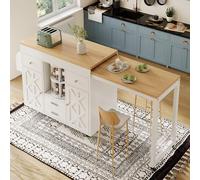 DHHU Îlot Central de Cuisine avec Plan de Travail Extensible 110-180 cm, Bar Mobile 360° Extensible, Chariot de Service à roulettes, Rangements 4 Tiroirs + Organiseur Rotatif, Blanc
