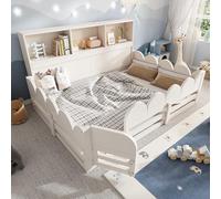 DHHU Lit Au Sol Montessori 140x200 Cm, Lit Enfant Bois Massif avec Barrière Et Porte, Lit Montessori avec Étagère De Rangement, Lit Bas Sécurisé pour Fratrie Et Co-Dodo, Blanc-2
