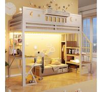 DHHU Lit Mezzanine 90x200 cm métal, Bureau USB, LED, Panneau perforé, étagères, barrière sécurité, Pieds K, Motif étoile Lune, Enfant/ado, sans Matelas