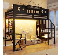 DHHU Lit Mezzanine 90x200 cm métal, Bureau USB, LED, Panneau perforé, étagères, barrière sécurité, Pieds K, Motif étoile Lune, Enfant/ado, sans Matelas