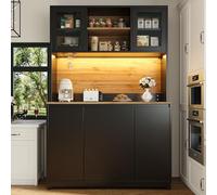 DHHU Meuble de Cuisine Haut 120x40x180 cm, Buffet avec Portes Acrylique, éclairage LED RGB, Porte-Verres Suspendu, Poubelle intégrée, Finition Noire Design