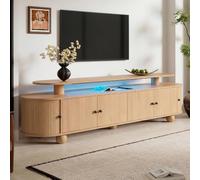 DHHU Meuble TV 180 cm LED, Meuble Télé Salon Design Ovale Rétro avec 4 Portes et 2 Portes Coulissantes, Meuble TV Bois MDF avec Rangement Fermé, Pieds en Bois Massif et Éclairage Ambiance, Naturel-5