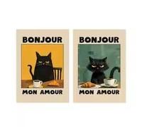 DHHXY Bonjour Mon Amour, affiche sur toile imprimée représentant un chat noir amusant et un café, style rétro, mignon et abstrait, décoration intérieure (30 x 40 cm x 2 pièces/sans cadre)
