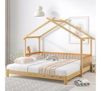 DHWDS Lit de maison extensible pour enfant 90 x 200 et 180 x 200 cm en pin massif naturel avec protection contre les chutes, sans matelas