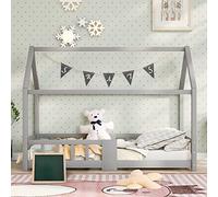 DHWDS Lit pour enfant 90 x 200 cm en bois massif de pin gris avec tableau de protection contre les chutes, sommier à lattes pour chambre d'enfant, sans matelas