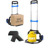 Diable chariot de transport pliable en aluminium, charge 80 kg, hauteur réglable sur 3 niveaux, pliage rapide, poids net 3,5 kg, roues TPR à double roulement, frein et poignée ergonomique