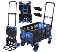 Diable et Chariot Plateforme 2-en-1 avec Boîte Pliante, 2 Tendeurs, Bleu | Charge Max. 150 kg, Diable Convertible en Chariot à Plate avec Poignée Réglable pour Déménagement, Courses et Manutention