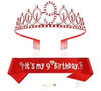 Diadème rouge pour 9e anniversaire pour filles - Couronne de princesse en cristal - Diadème d'anniversaire - Décorations d'anniversaire - Kit diadème d'anniversaire pour fille - Accessoires de fête,