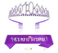 Diadème violet pour 10e anniversaire pour filles - Couronne de princesse en cristal - Bandeaux d'anniversaire - Décorations d'anniversaire - Kit diadème d'anniversaire pour fille - Accessoires de