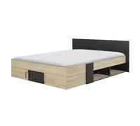 Diagone CALICOSY Lit avec Rangements 160x200 cm - Swive - Panneaux de Particules - Fabrication Française - Noir et Bois Clair - Industriel - pour Chambre - L180 x P209 x H80 cm