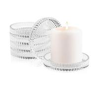 Diakey Glass Pillar Candle Holder Plate, Set of 6, 9cm Round Crystal Clear Candle Tray Dish Decorative Stand for Dinning Wedding Party Table Centerpiece Decor