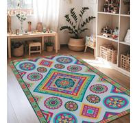 Diamond Tapis bohème coloré avec fleurs et cercles printaniers turquoises antidérapants doux et résistants aux taches pour salon, chambre à coucher, couloir, bureau, décoration 1,2 x 1,8 m