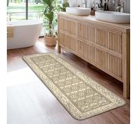 Diamond Tapis de couloir classique et élégant avec bordure florale beige à poils courts en éponge douce et résistante aux taches pour cuisine, porte, entrée, table de chevet, 0,6 x 1,8 m