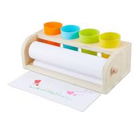 DICOSMETIC Distributeur de rouleau de papier en bois comprenant 4 gobelets en plastique de 4 couleurs et 1 rouleau de papier artisanal, chevalet de bureau pour dessin, écriture, gribouillage d'art